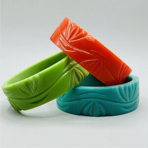 Set of 3 Carved Resin Bangle Bracelets in Orange, Lime Green & Teal